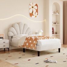 (3ft, Velvet, Beige) Single Upholstered, with Adjustable Chic Petal Headboard, Platform Bed Frame with Solid Wood Slat