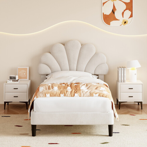 (3ft, Velvet, Beige) Single Upholstered, with Adjustable Chic Petal Headboard, Platform Bed Frame with Solid Wood Slat 1