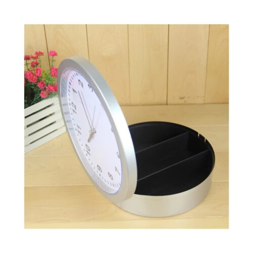Hidden Wall Clock Safe with Concealed Storage for Cash Jewelry Keys, Dual Function Silver Design 1