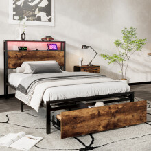 (3FT, Metal, Black+Walnut) Single bed with LED and drawer, 2 USB port+1 Type C, Multifunctional bed, Youth bed