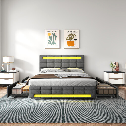 (4ft6, Linen, Grey) Double Upholstered Bed with LED and Storage Drawers, Storage Bed Frame with Adjustable Headboard 1