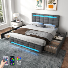 (4ft6, Linen, Grey) Double Upholstered Bed with LED and Storage Drawers, Storage Bed Frame with Adjustable Headboard
