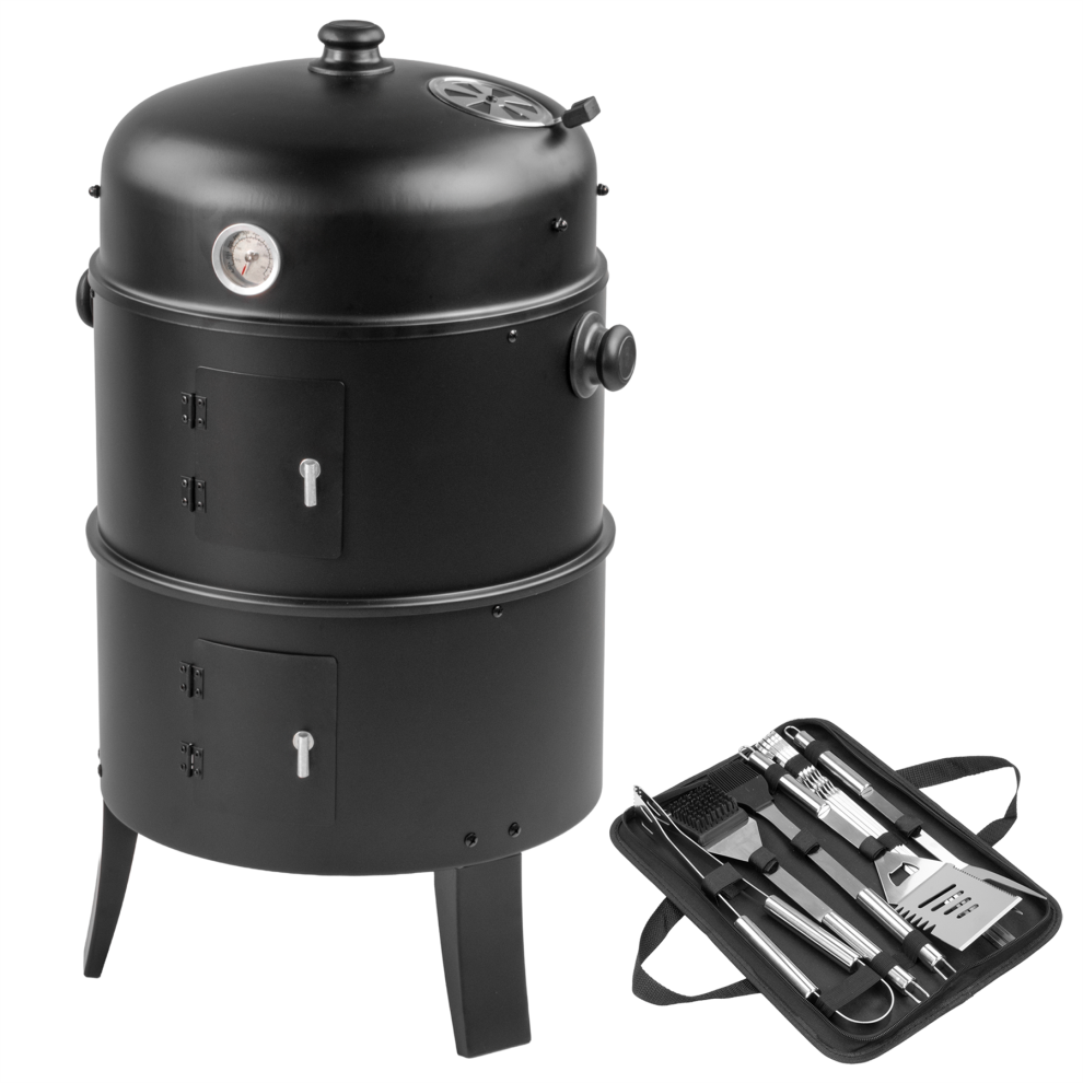 Kct 3 In 1 Upright Bbq Smoker - With Tool Set Outdoor Barbeque Cooking Grill Black