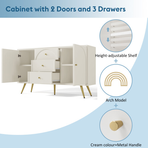 Sideboard Cabinet with 3 Drawers and 2 Doors Arched Fronts Cream White 140cm 2
