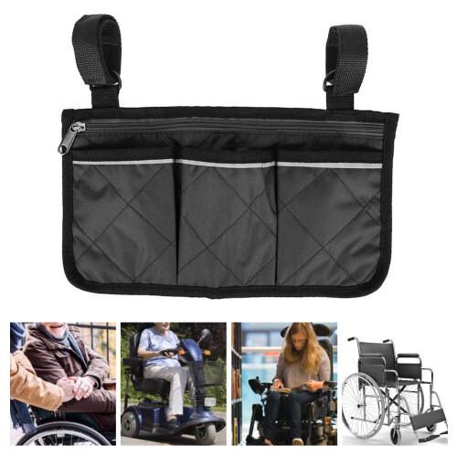 Wheelchair Side Bag with Multiple Pockets, Waterproof Armrest Organizer for Mobility Aids Black 2