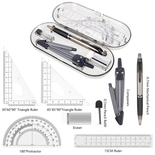 Geometry Set 8 Piece Compass and Protractor Kit for Students with Clear Plastic Precision Drawing Tools and Storage Box 1