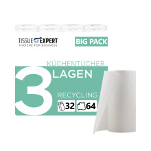 Küchentücher RECYCLING, 32 Rollen á 64 Blatt, 3-lagige Küchenrollen, 100% Recycling, saugstarke Haushaltsrollen, Allzwecktücher, Papiertücher
