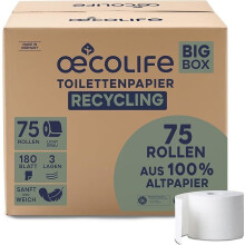 oecolife Toilettenpapier Box RECYCLING, 3-lagig, 75 Rollen x 180 Blatt, Großpackung, superweich, nachhaltiges Klopapier