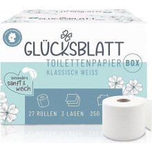 Glücksblatt Toilettenpapier Box, 3-lagig, 27 Rollen x 250 Blatt, 100% Zellstoff, superweiches Klopapier, plastikfrei