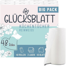 Glücksblatt Küchentücher, 48 Rollen á 45 Blatt, 3-lagige Küchenrollen, 100% Zellstoff, nachhaltig, saugstarke Haushaltsrollen, Allzwecktücher