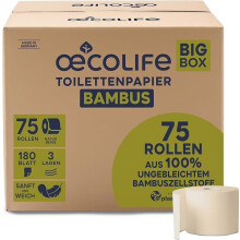 oecolife Toilettenpapier Box BAMBUS, 3-lagig, 75 Rollen á 180 Blatt, Großpackung, superweich, plastikfrei verpackt, veganes Produkt