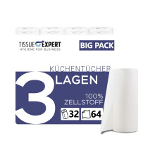 Küchentücher, 32 Rollen á 64 Blatt, 3-lagige Küchenrollen, 100% Zellstoff, saugstarke Haushaltsrollen, Allzwecktücher, Papiertücher