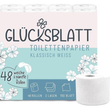 Glücksblatt Toilettenpapier KLASSISCH WEISS, 3-lagig, 48 Rollen x 150 Blatt, 100% Zellstoff, superweiches Klopapier mit Glücks-Prägung