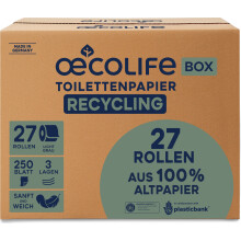 oecolife Toilettenpapier Box RECYCLING, 3-lagig, 27 Rollen x 250 Blatt, Großpackung, superweich, nachhaltiges Klopapier