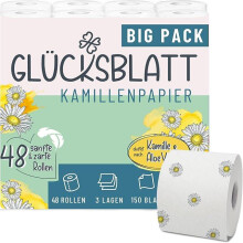 Glücksblatt Toilettenpapier KAMILLE, 3-lagig, 48 Rollen x 150 Blatt, Duft nach Kamille, 100% Zellstoff, weiches Klopapier mit bunten Kamillenblüten