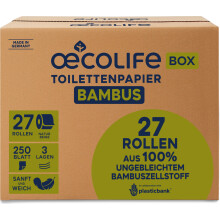 œcolife Toilettenpapier Box BAMBUS, 27 Rollen à 250 Blatt, 3-lagig, superweiches Klopapier, plastikfrei