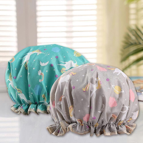 (2pcs Unicorn pattern) women reusable double layer waterproof shower hair bath cap 1