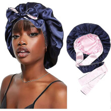 (Navy Blue and Pink) Satin Bonnet Silk Sleep Cap Hair Bonnets For Black Women Stretchy Tie Band Hair XiXi