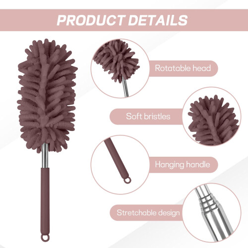 2PCS Car Interior Duster Set, Extendable Microfiber Cleaning Brush with Washable Scratch Head, Coffee 2