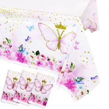 Pink Butterfly Tablecloth 3 Pack, Waterproof Floral Table Cover for Girls Birthday Party, Reusable Plastic 43x71