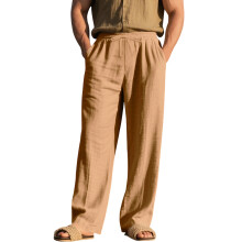 Men's Linen Button Straight Leg Pants, Drawstring-Yellow M