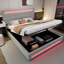 (4ft6, Velvet+Iron, Grey) Upholstered bed, Hydraulic bed, Square embellishment, with 7colors LED-light strips