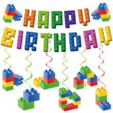 Building Block Birthday Decorations Colorful Brick Theme Party Supplies Reusable Banner Garland Set for Kids