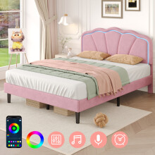 (4ft6, Velvet, Pink) Double Upholstered Bed with LED, Adjustable Shell Shape Headboard