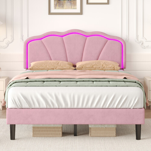 (4ft6, Velvet, Pink) Double Upholstered Bed with LED, Adjustable Shell Shape Headboard 1