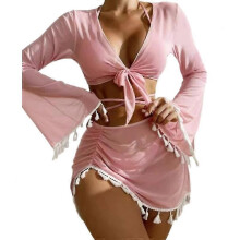 (pink, S) Women's 4pack Halter Triangle Bikini Swimsuit With Tassel Cover Up Set