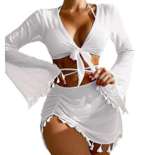 (white, S) Women's 4pack Halter Triangle Bikini Swimsuit With Tassel Cover Up Set