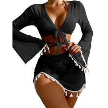 (black, M) Women's 4pack Halter Triangle Bikini Swimsuit With Tassel Cover Up Set