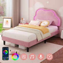 (3ft, Velvet, Pink) Single Upholstered Bed with LED, Adjustable Cute Cloud Headboard, Soft Bed Frame with Solid Wood Slat