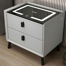 Smart Nightstand with Wireless Charging, Touch Control LED Light, Glass Drawers, Grey Modern Bedside Table