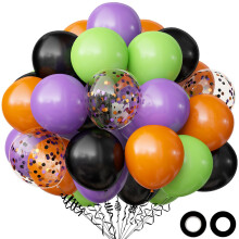 62PCS Halloween Balloons Decorations Set, 12 Inch Black Orange Green Purple Latex Balloons with Confetti Glow for Halloween Party