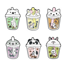 New Cartoon Bubble Tea Cup Shaped Brooches Set 6pcs Cute Animal Head Enamel Paint Badges Alloy Lapel Pin Denim Shirt Fashion Jewelry Gift Ba