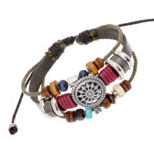 Unisex Tribal Leather Bracelet Set - Stackable Beaded Cords with Compass/Flower Amulet, Wood and Silver Beads, Adjustable Wristband