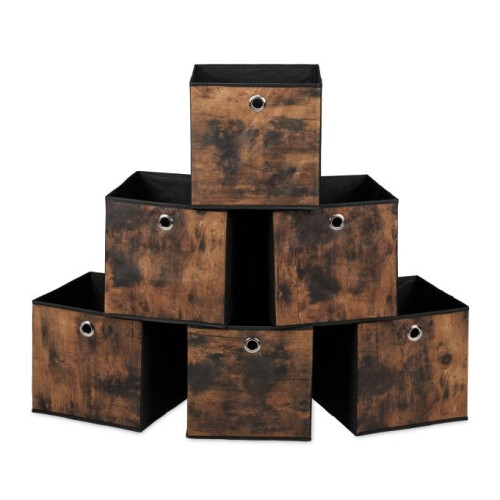 Caja de almacenaje de tela con aspecto de madera, pack de 6