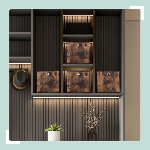 Caja de almacenaje de tela con aspecto de madera, pack de 6