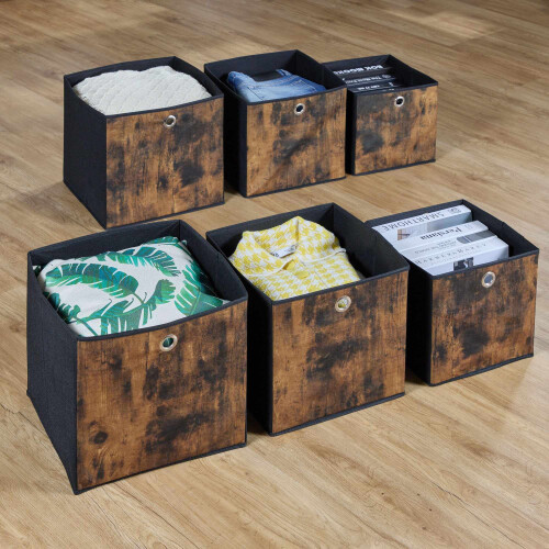 Caja de almacenaje de tela con aspecto de madera, pack de 6 1