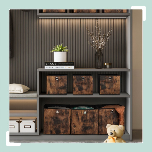 Caja de almacenaje de tela con aspecto de madera, pack de 6 1