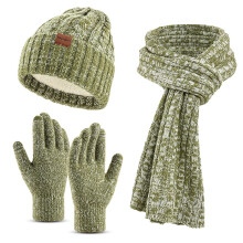 Winter-Set für Damen: Warme Beanie-Mütze, Touchscreen-Handschuhe, langer Schal, geripptes Zopfstrickmuster mit Fleece-Futter und Bommelmütze
