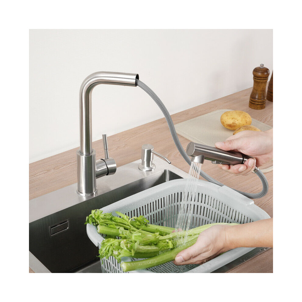 Contemporary Kitchen Sink Faucet With Easy Installation, Brushed Stainless Steel Pull Out Sprayer Compatible With Modern Kitchen Spaces 3564946444375