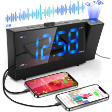 Vekkerklokke med justerbar lysstyrke og dimmer, doble alarmer, FM-radio, batteribackup, USB-ladeport, for personlig nattstemning (blå)