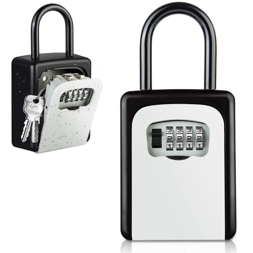 High Security Key Lock Box, 4 Digit Resettable Code Storage Compatible with Multiple Keys, Weatherproof Design With Removable Shackle