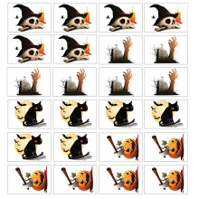 Vyrezávané halloweenske nálepky, nahnevaná, šialená, zlá, strašidelná tekvica, 24 ks, PVC materiál, jednoduchá inštalácia, odlepenie a
