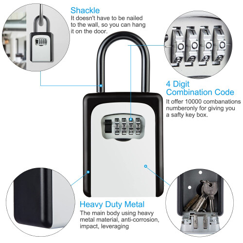 High Security Key Lock Box, 4 Digit Resettable Code Storage Compatible with Multiple Keys, Weatherproof Design With Removable Shackle 1