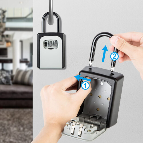 High Security Key Lock Box, 4 Digit Resettable Code Storage Compatible with Multiple Keys, Weatherproof Design With Removable Shackle 2