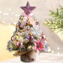 Christmas Tree, Red White Ornament Decorations with Pine Cones, Snow Flocked Mini Christmas Tree with Lights