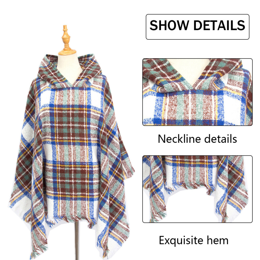 Women's Plaid Hooded Cape Shawl Blanket Poncho Hoodie Cape Shawl With Tassels 3564946429488